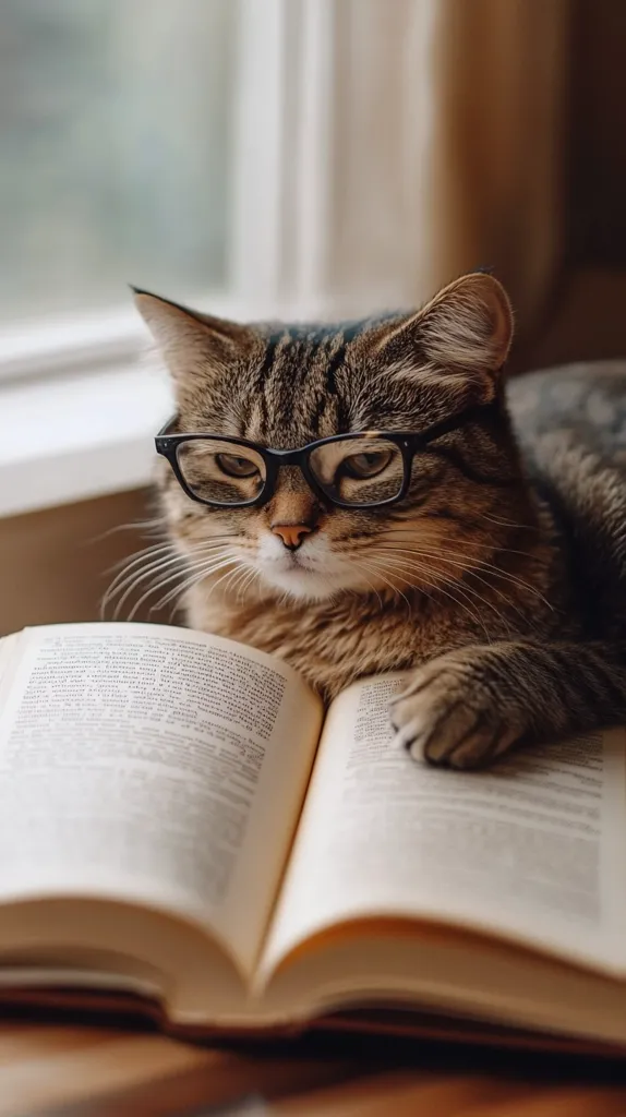 A tabby cat, wearing spectacles, rests its paws on an open book.  The cat appears engrossed in reading, creating a charming and humorous scene.  Soft, natural light illuminates the cat and book, set against a blurred background of a window and warm-toned walls.  The image evokes a sense of quiet contemplation and unexpected intelligence.