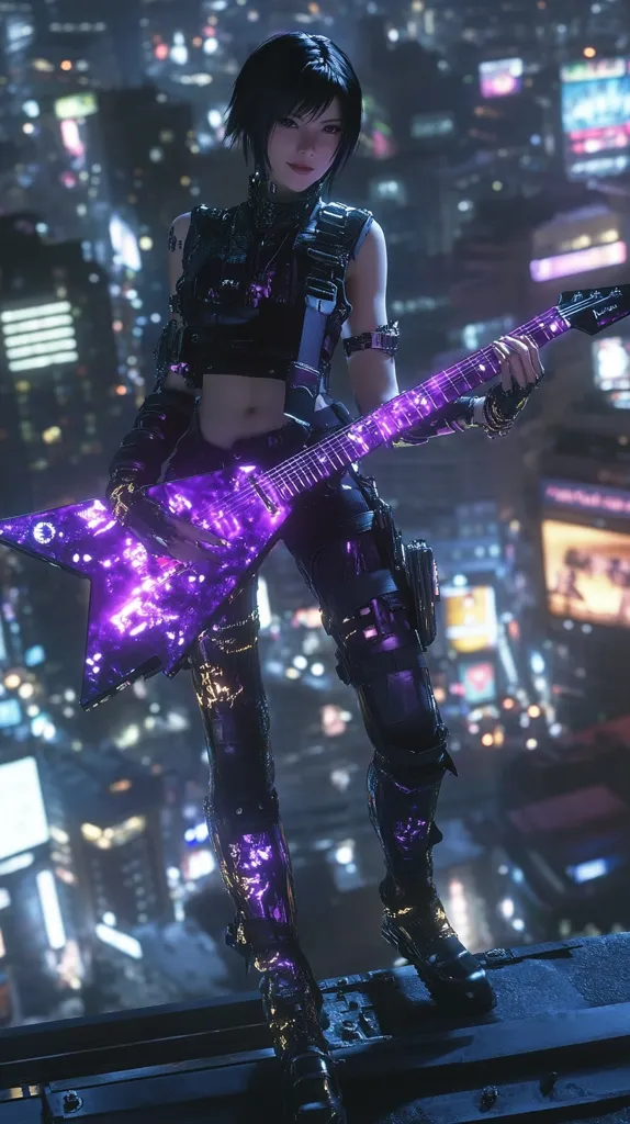 A female cyberpunk character with short black hair stands on a rooftop at night, playing a vibrant purple electric guitar.  She wears a dark, futuristic outfit with glowing purple accents.  The city lights blur in the background, creating a dramatic and stylish image.  Her expression is confident and poised.