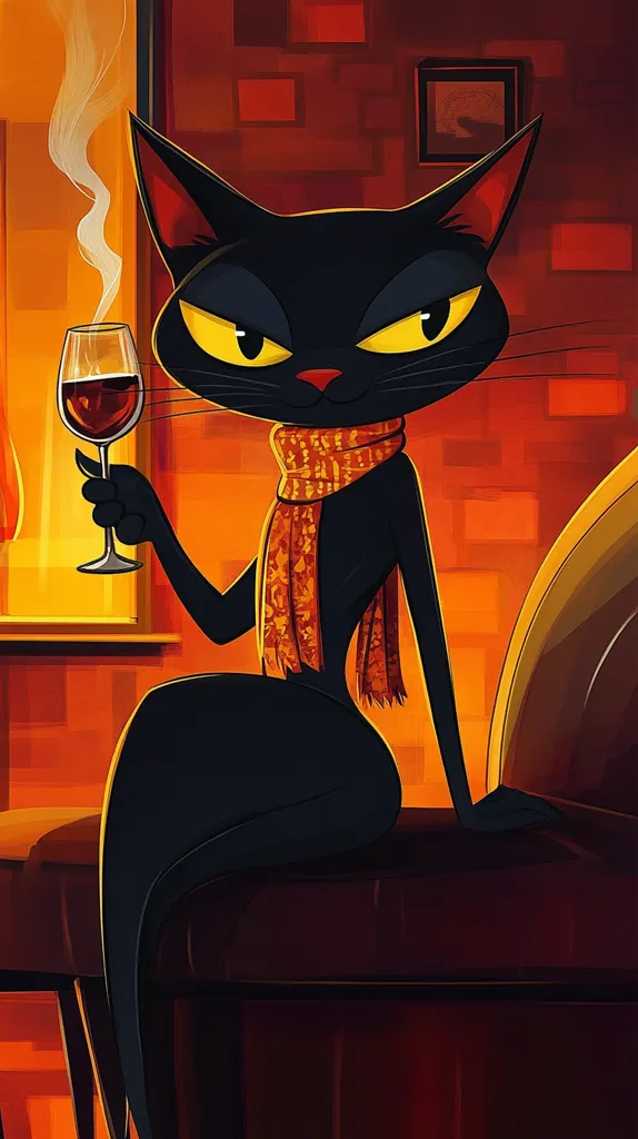 A stylized black cat, elegantly attired in an orange scarf, sits poised on a dark brown chair before a fireplace.  The cat holds a glass of red wine, its intense yellow eyes fixed on the viewer.  The warm, rich colors of the artwork create a sophisticated and slightly mysterious atmosphere. The scene is reminiscent of a vintage illustration or a movie still.