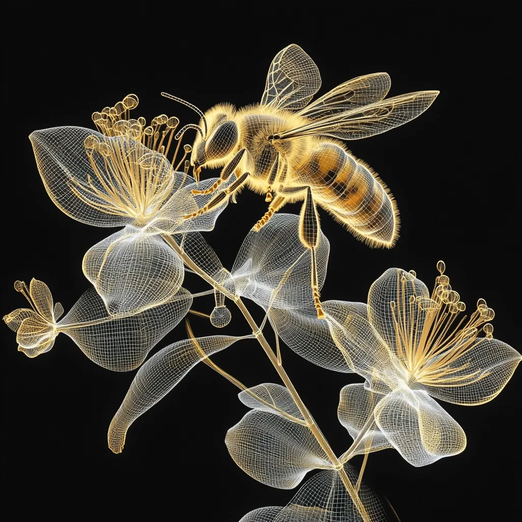A 3D wireframe rendering showcases a honeybee delicately perched on a flowering plant.  The intricate details of the bee's body and the plant's blossoms are highlighted by glowing golden lines against a stark black background.  The image evokes a sense of both scientific precision and natural beauty.