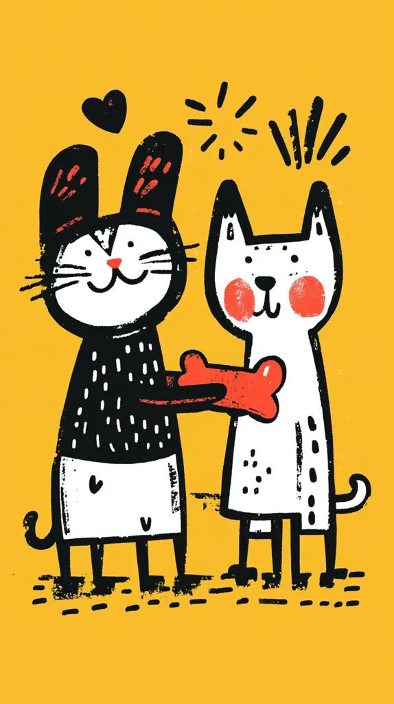 A cheerful illustration showcases a black and white cat and a white dog against a mustard yellow backdrop.  The cat, adorned with a heart above, shares a red bone with the dog.  Both animals are depicted in a playful, hand-drawn style with bold outlines and textured fills.  Small details like dots and dashes add to their whimsical charm.  The overall mood is lighthearted and friendly.