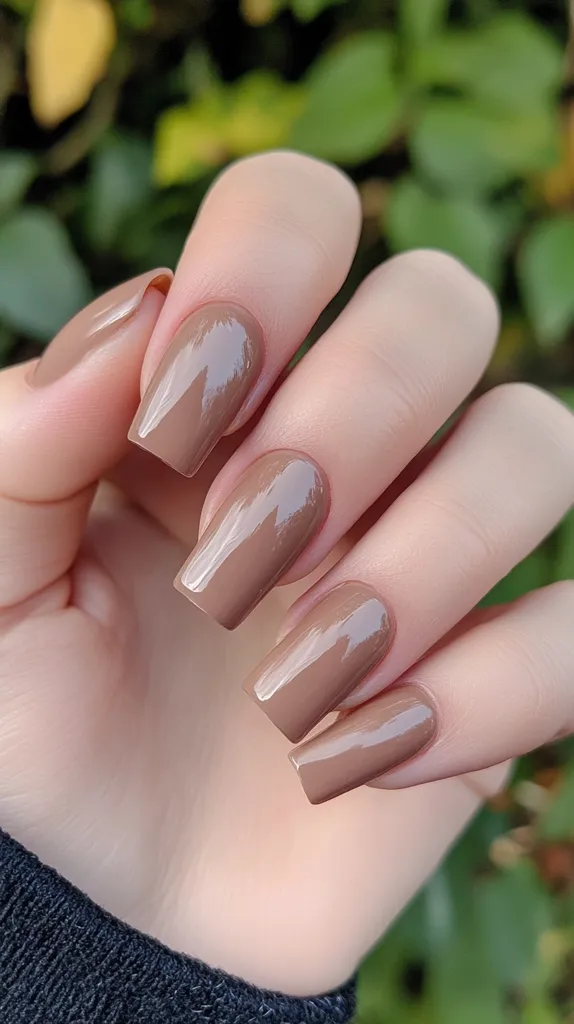 Close-up of a hand with neatly manicured nails painted a muted taupe shade. The nails are shaped into a square, and the polish has a glossy finish. The hand rests against a blurred background of green foliage, suggesting an outdoor setting. The overall aesthetic is clean, simple, and subtly elegant.