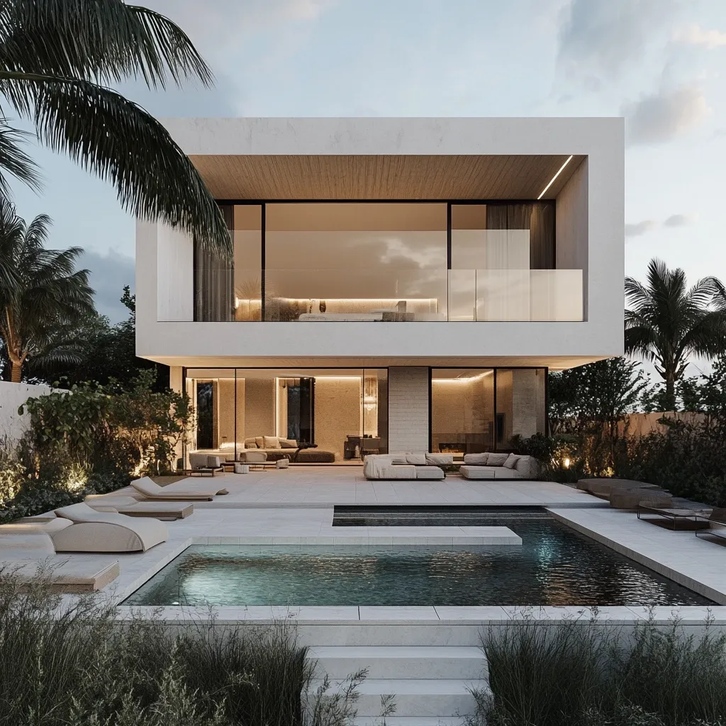 A modern, two-story house with clean lines and large windows overlooks a tranquil infinity pool.  The minimalist design features light-colored walls and a spacious outdoor area with lounge chairs.  Landscaping includes lush greenery and palm trees, creating a serene atmosphere.  Interior lighting illuminates the living spaces, visible through the expansive glass panels. The overall aesthetic is one of sophisticated simplicity and luxurious comfort.