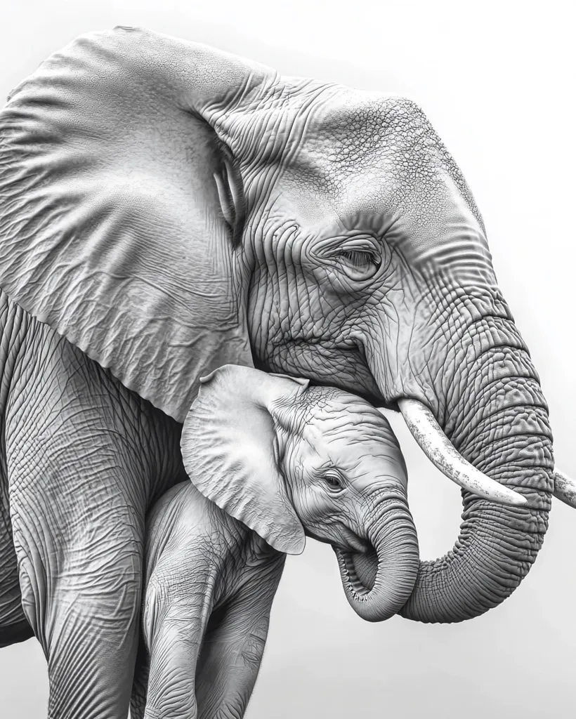 A black and white close-up depicts an adult African elephant gently embracing a baby elephant.  The adult's textured skin and large ears contrast with the smoother skin of the calf. The image focuses on their intimate connection, emphasizing the protective nature of the mother elephant.  The background is blurred, drawing attention to the elephants' bond.