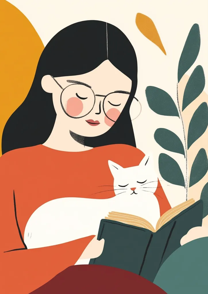 A stylized illustration depicts a young woman with long dark hair and glasses, wearing an orange sweater.  She sits comfortably, holding a white cat nestled against her as she reads a book.  The scene is softly colored, with muted oranges, greens, and a creamy background, conveying a sense of calm and relaxation.  Simple, bold lines create a minimalist aesthetic.
