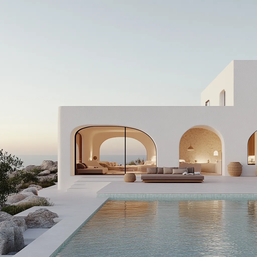 A minimalist, whitewashed villa overlooks a tranquil ocean.  Archways frame stunning views, connecting indoor and outdoor spaces.  A low, long sofa sits on a spacious patio beside an infinity pool.  The design emphasizes clean lines and natural light, creating a serene and luxurious atmosphere.  Rocks and sparse vegetation complete the landscape.
