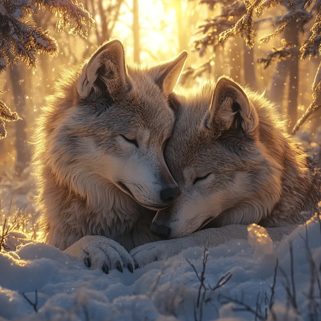 Two wolves cuddle together in a snowy forest bathed in golden sunlight.  Their eyes are closed, conveying peace and affection.  The scene is serene and peaceful, with snow covering the ground and sunlight filtering through the branches of snow-laden trees. The image evokes a sense of warmth and tranquility in a cold winter landscape.