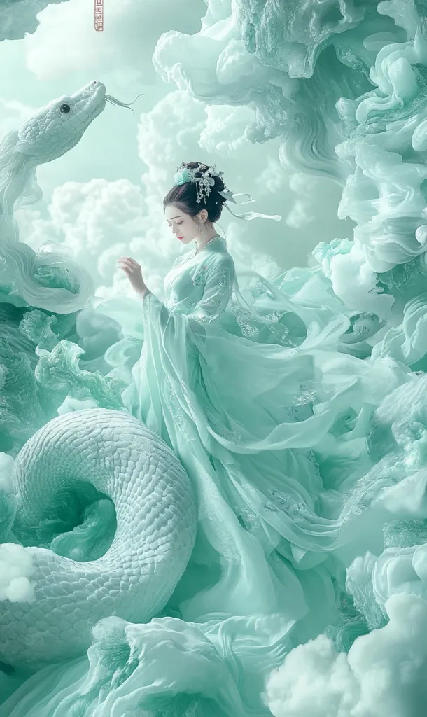 A woman in a flowing, mint-green Hanfu gown is depicted in a dreamy, ethereal setting.  She's surrounded by swirling clouds and two large, pale green snakes, one coiled near her feet, the other appearing to interact with her gently.  The overall aesthetic is serene, fantastical, and suggestive of a mythical or spiritual scene.  The color palette is consistently soft and muted.