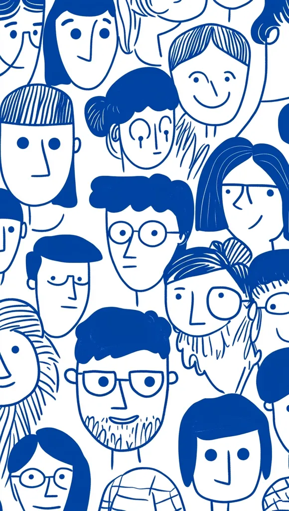 A vibrant illustration showcases a diverse crowd of faces, each rendered in a simple, hand-drawn style.  The blue ink outlines create a unified aesthetic, emphasizing the individuality within the group.  Faces with varying hairstyles, glasses, and expressions are densely packed together, suggesting a community or collective. The overall style is playful yet inclusive, celebrating the uniqueness of each individual.