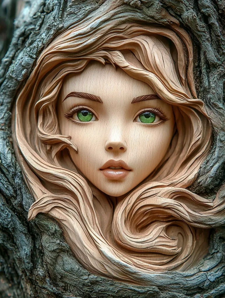 A stunning wood carving depicts a woman's face emerging from a tree trunk.  Her flowing hair, intricately carved to mimic wood grain, blends seamlessly with the bark.  Bright green eyes contrast with the warm tones of the wood, creating a captivating and mystical image.  The detail in the carving is exquisite, showcasing the artist's skill and the beauty of nature's materials.