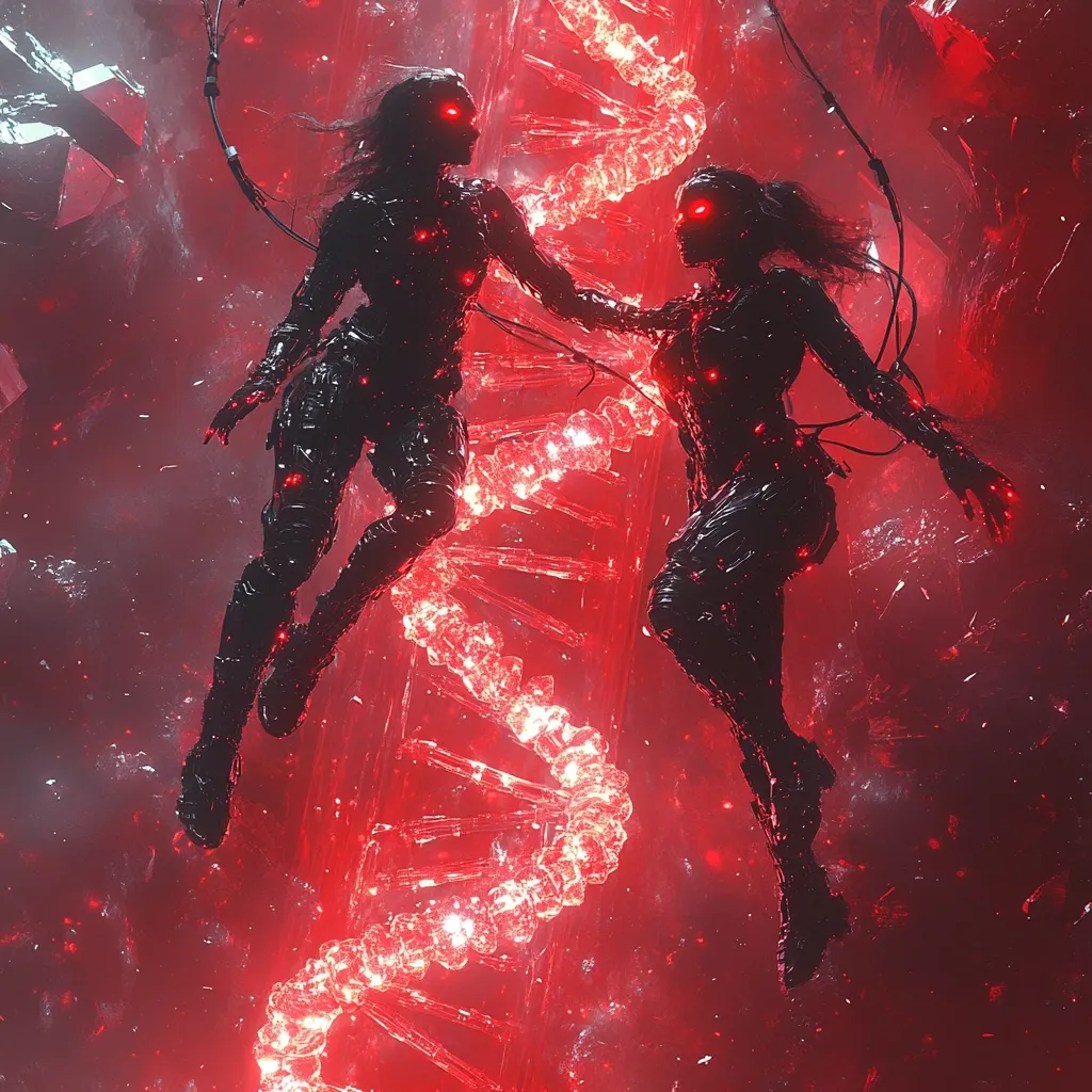 Two cyborg women, with glowing red eyes, float amidst a fiery red, DNA-like structure.  Their bodies are sleek and dark, adorned with intricate mechanical details and glowing red accents.  The scene is dynamic and surreal, set against a backdrop of fragmented, dark red rock formations.  The overall aesthetic is dark, futuristic, and slightly ominous.