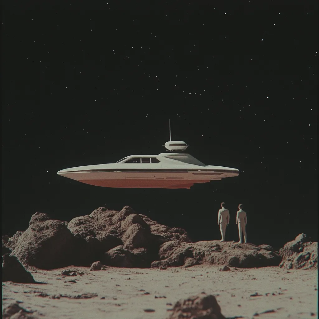 A futuristic, boat-shaped spaceship hovers in the dark, star-filled sky above a desolate, rocky landscape.  Two figures in white suits stand on a rocky outcrop, observing the craft. The scene evokes a sense of mystery and isolation, suggesting an alien world or a distant, unexplored planet. The overall aesthetic is retro-futuristic.