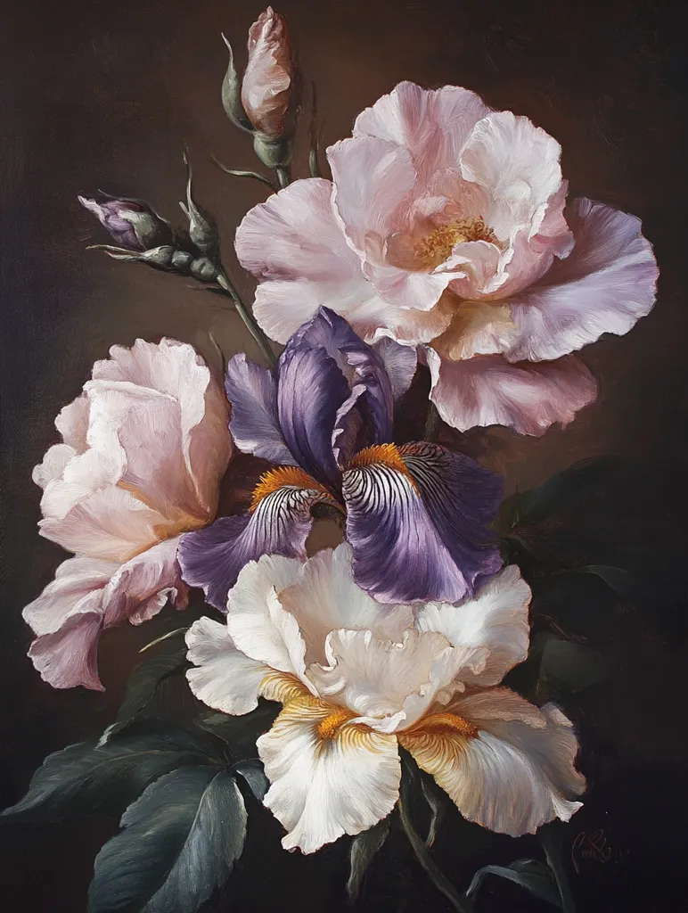 A lush still life painting showcases a bouquet of delicately rendered flowers.  Soft pink roses, their petals unfurling gracefully, are nestled amongst two irises; one a rich purple, the other a creamy white, both with vibrant yellow centers.  The dark background accentuates the floral brilliance, highlighting the texture and subtle shading in the artist's masterful technique.  Unopened rosebuds add depth to the composition.