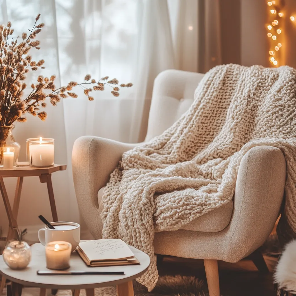 A cozy armchair draped in a chunky knit throw sits by a window.  A side table holds burning candles and a vase of dried flowers.  A cup of warm drink rests on a nearby coffee table beside a notebook, creating a serene and inviting atmosphere.  Soft lighting and warm colors enhance the feeling of comfort and relaxation.