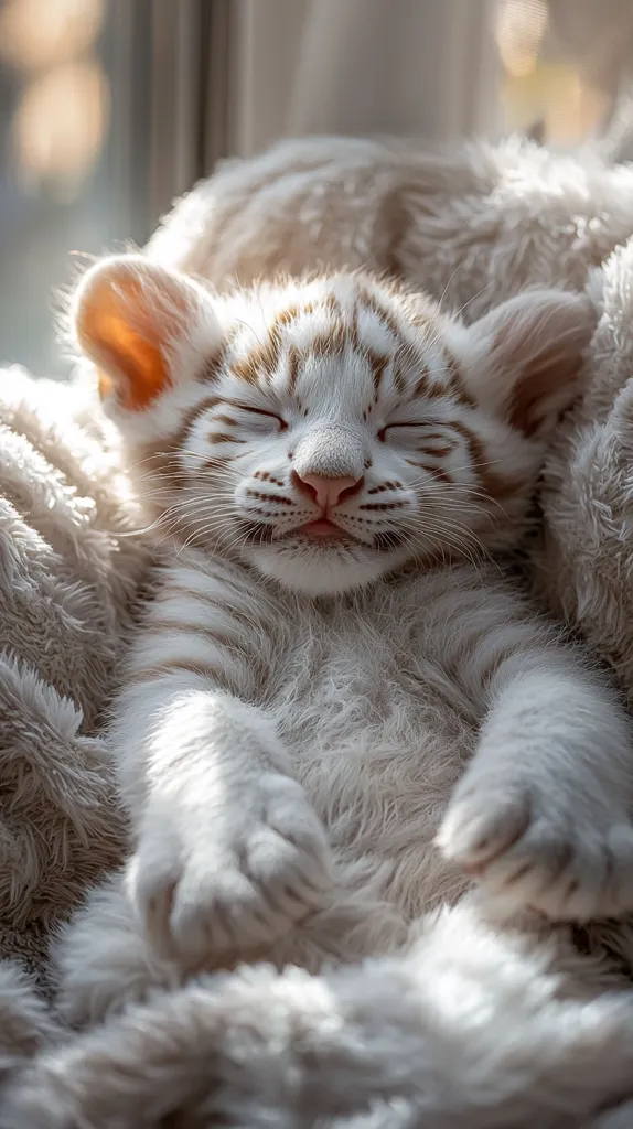 A white tiger cub, its eyes closed in peaceful slumber, nestles comfortably within a fluffy, light beige blanket.  Sunlight streams in from a nearby window, illuminating the soft fur of the cub and the blanket.  The cub's paws are tucked neatly beneath it, enhancing the serene and adorable image.  The overall mood is one of warmth and tranquility.