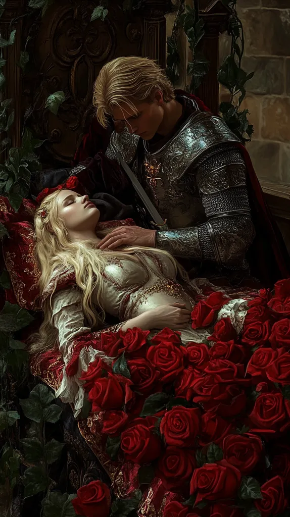 A knight in shining armor kneels beside a sleeping princess adorned in a flowing gown, surrounded by a profusion of deep red roses.  His hand rests gently on her chest.  The scene is dark and dramatic, evoking a fairytale atmosphere of romance and perhaps sorrow. Ivy entwines the ornate chair where they are positioned, adding to the rich, gothic ambiance.