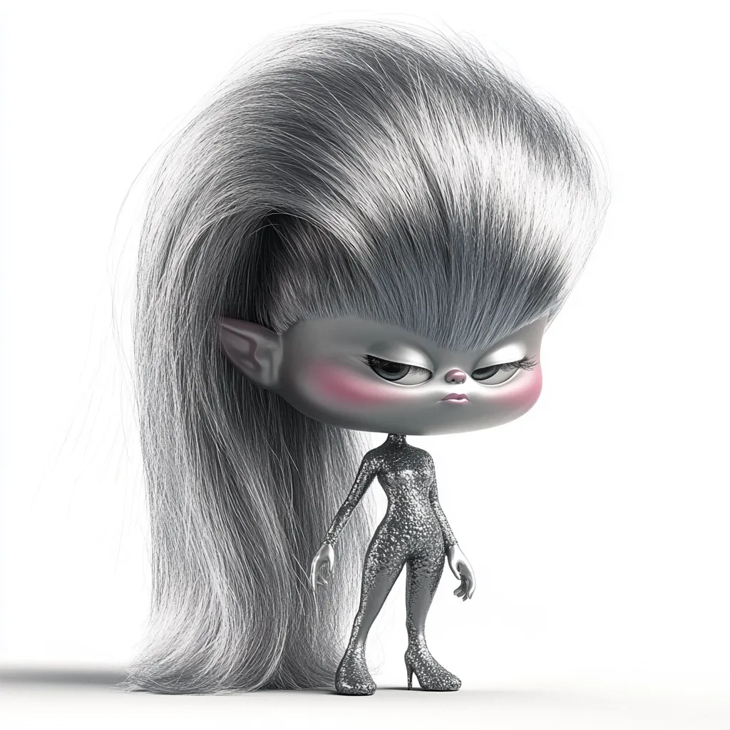 A 3D rendered image of a stylized female character.  She possesses large, expressive eyes, a pouty expression, and long, flowing silver hair.  The character is clad in a silver, sparkly, form-fitting bodysuit and high heels.  Her pointed ears suggest an elven or similar fantastical origin. The overall style is reminiscent of a cartoon or CGI animation.
