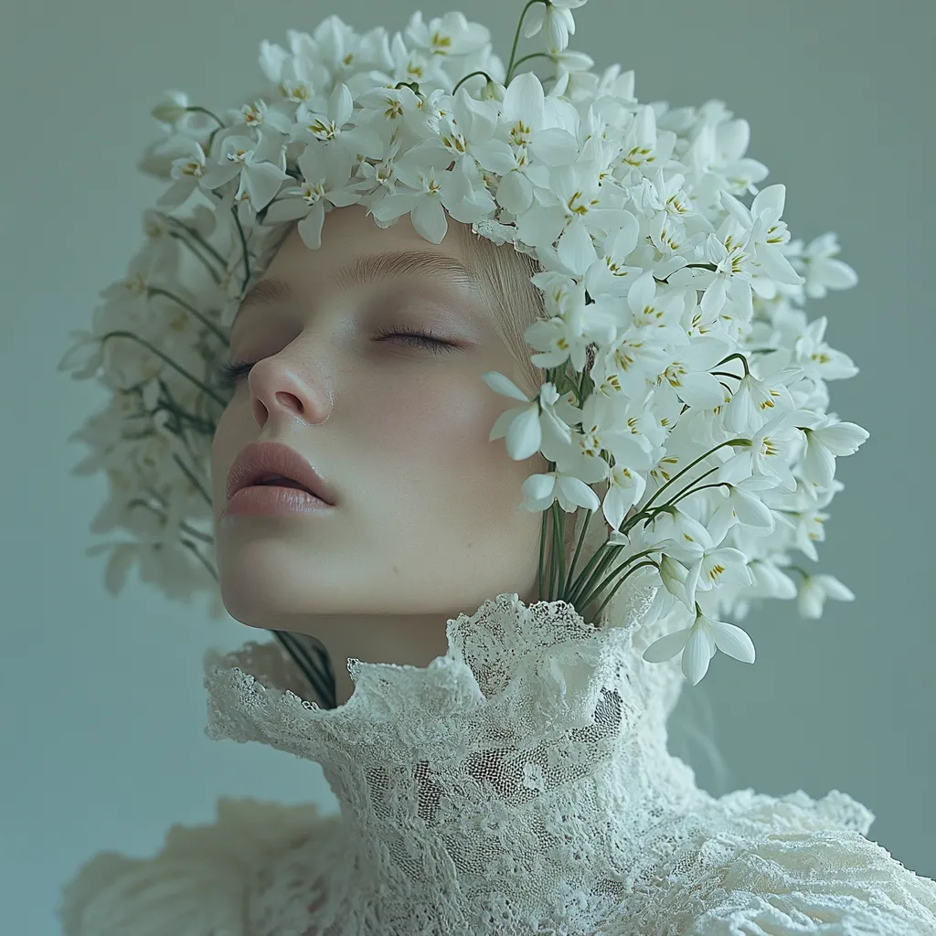 A serene portrait of a woman adorned with a crown of delicate white flowers.  Her eyes are closed, and her expression is peaceful.  She wears an elegant white lace collar, enhancing the ethereal beauty of the image. The soft, muted color palette contributes to the overall dreamy and romantic atmosphere.