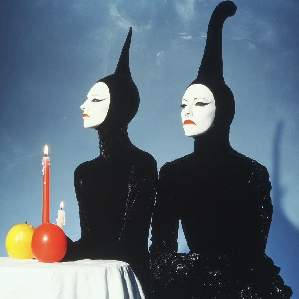 Two figures in black, pointed-hood costumes with white face paint and red lips sit side-by-side.  They are posed formally, hands folded, before a white tablecloth with lit candles and a yellow and red apple. The backdrop is a light blue. The image evokes a theatrical or surreal atmosphere.