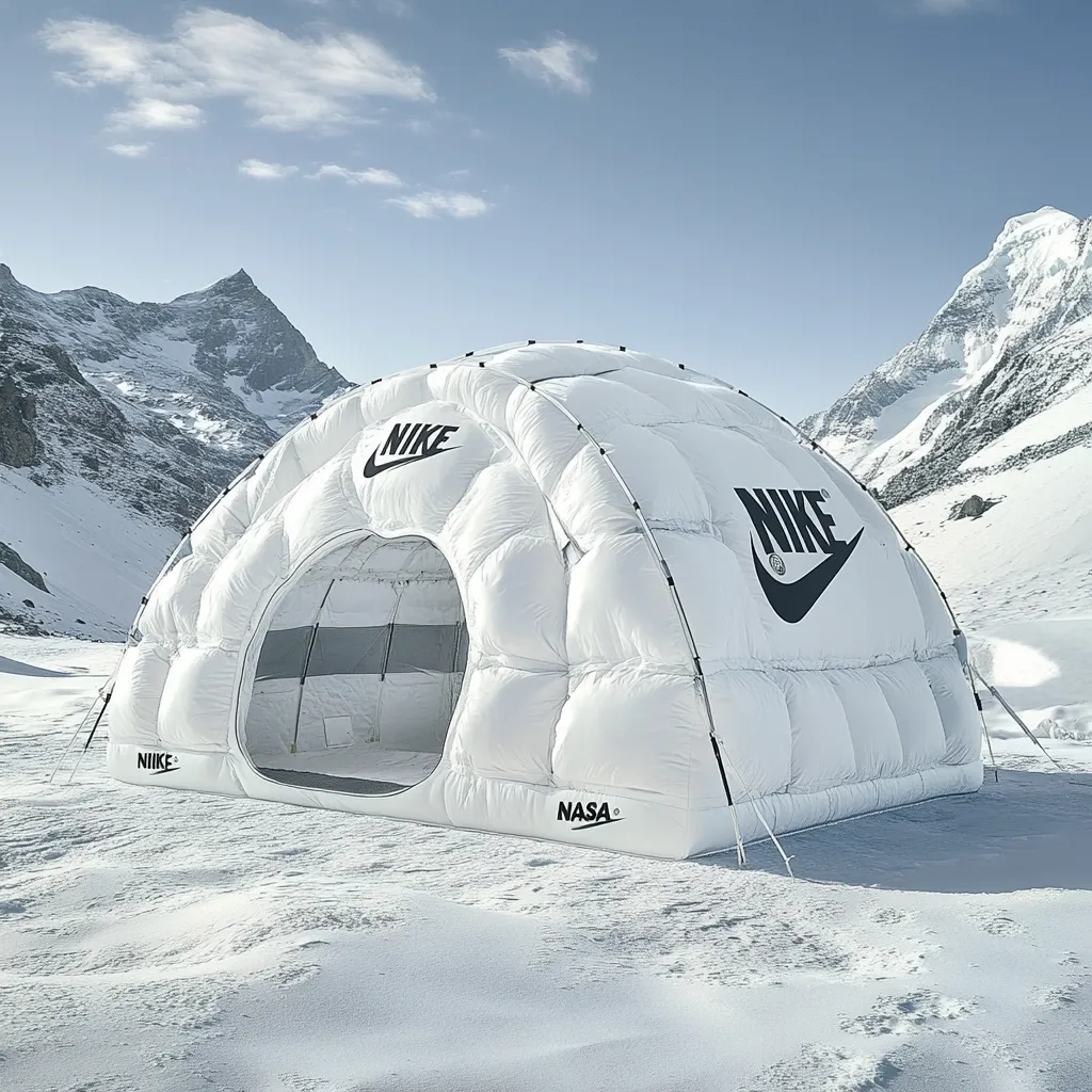 A white, inflatable Nike and NASA dome tent sits in a snowy mountainous landscape.  The tent's exterior features prominent Nike logos.  The stark white of the tent contrasts sharply with the snow and the dark mountain peaks in the background, creating a striking visual. The scene suggests a high-altitude, extreme environment.