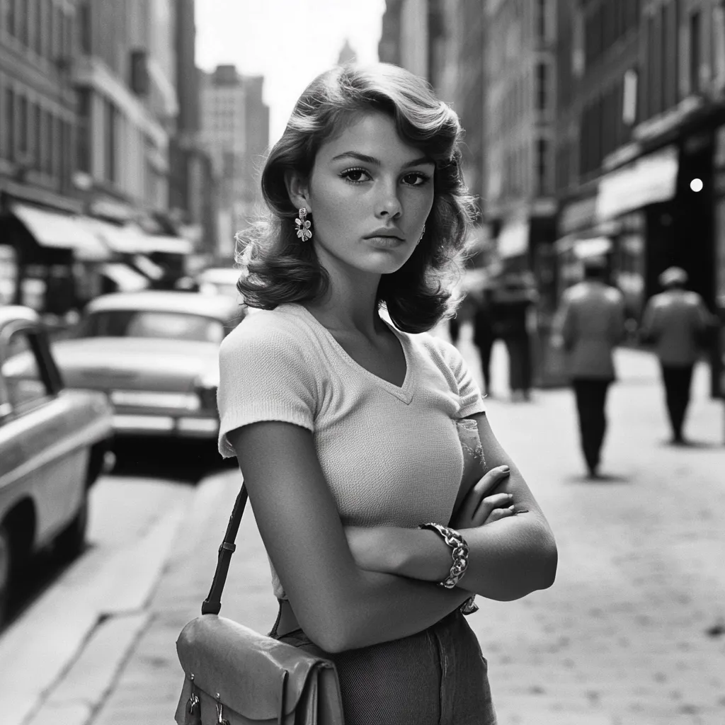 A young woman with styled hair and dangling earrings stands on a city street, her arms crossed. She wears a simple V-neck t-shirt and high-waisted pants.  A satchel hangs from her shoulder. The background is blurred, showing a busy street scene with cars and pedestrians. The black and white photograph evokes a vintage, possibly 1960s, aesthetic.