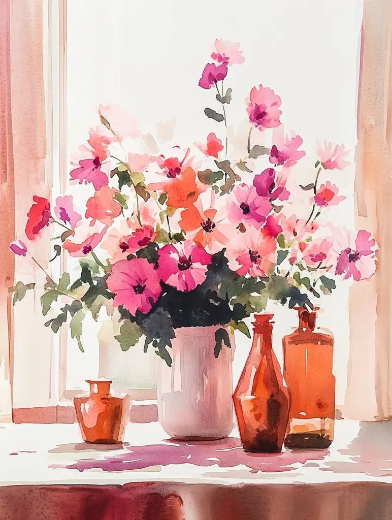 A watercolor painting depicts a vibrant bouquet of pink and orange flowers in a white vase, positioned on a windowsill bathed in sunlight.  Two amber glass bottles and a small copper container accompany the floral arrangement. The scene is bright and airy, with soft light illuminating the delicate blossoms and glass.  The overall style is loose and impressionistic, emphasizing light and color.