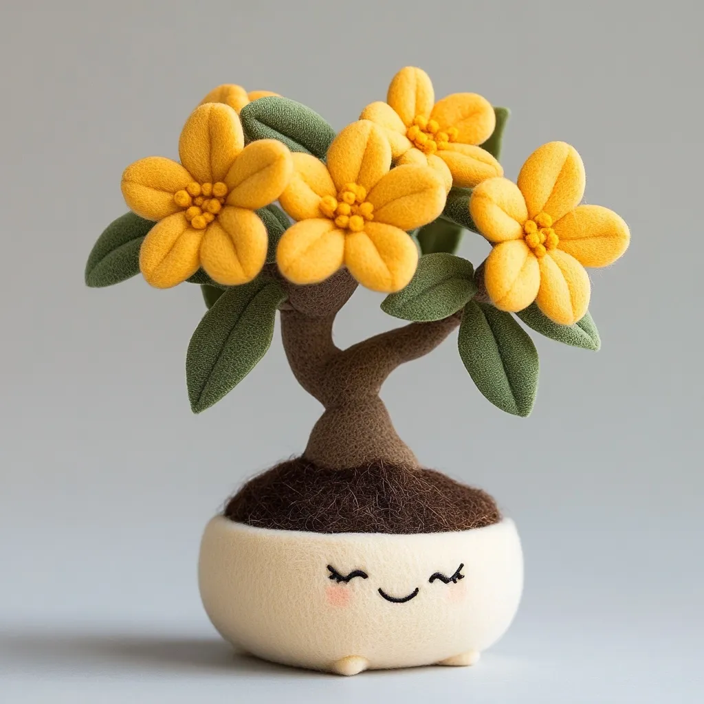 A charming felt bonsai tree boasts vibrant yellow flowers and green leaves.  The miniature tree is nestled in a small, cream-colored pot with a hand-embroidered smiling face, adding a touch of whimsy. The detailed craftsmanship and cheerful design make it a delightful decorative piece.