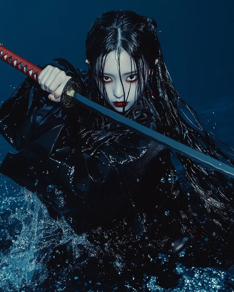 A young woman with long, dark hair emerges from dark water, wielding a katana.  Her pale face is accentuated with dark eye makeup and red lips. She's dressed in a black, flowing garment, partially submerged. The overall aesthetic is dark, moody, and evocative of a dramatic scene, possibly a fantasy or historical setting. The image emphasizes mystery and power.