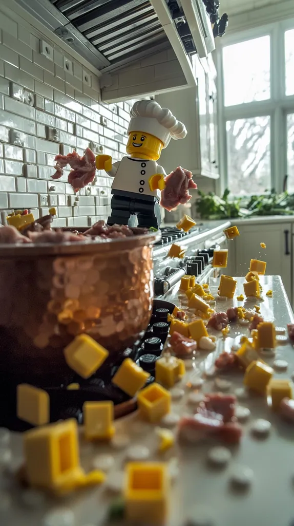 A Lego chef, wearing a white chef's hat and jacket, stands near a copper pot.  He's seemingly tossed pieces of Lego representing meat and cheese into the air, creating a chaotic, colorful mess around the pot and on the kitchen counter. The scene is set in a bright kitchen with white subway tile backsplash.  The overall image is a playful and slightly humorous depiction of kitchen mayhem.