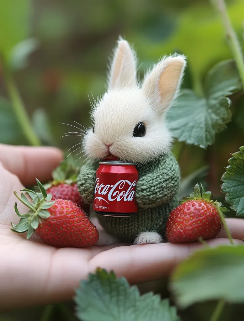 An adorable white bunny, dressed in a tiny green sweater, sits on a hand amidst lush green foliage and ripe red strawberries.  The bunny delicately holds a miniature Coca-Cola can.  The scene is charming and whimsical, emphasizing the tiny scale of the bunny and its surroundings.