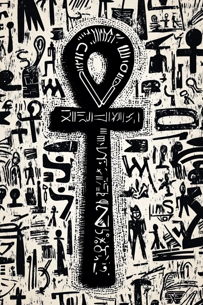 A large, black Ankh symbol is centrally positioned against a background densely packed with smaller, stylized black hieroglyphs and figures on a cream-colored surface.  The Ankh itself features engraved lines and hieroglyphic text. The overall style evokes ancient Egyptian art with a textured, almost print-like quality.  The background's chaotic yet patterned nature contrasts with the Ankh's bold simplicity.