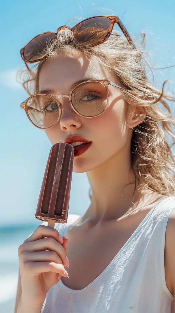 A young woman with blonde hair and sun-kissed skin enjoys a chocolate ice pop on a sunny beach.  She wears round, light brown-framed glasses and a white tank top.  Another pair of sunglasses rests atop her head. The ocean is visible in the background, suggesting a carefree summer day.  Her expression is relaxed and content.