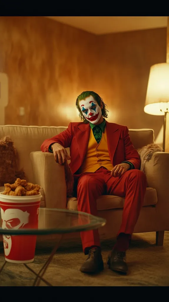 The Joker, in his iconic red suit and clown makeup, sits on a beige couch in a dimly lit room.  A bucket of KFC chicken sits on a glass coffee table in front of him.  He appears pensive, his gaze directed downward. The overall atmosphere is dark and slightly unsettling, reflecting the character's chaotic nature. A floor lamp illuminates the scene, casting a warm glow.