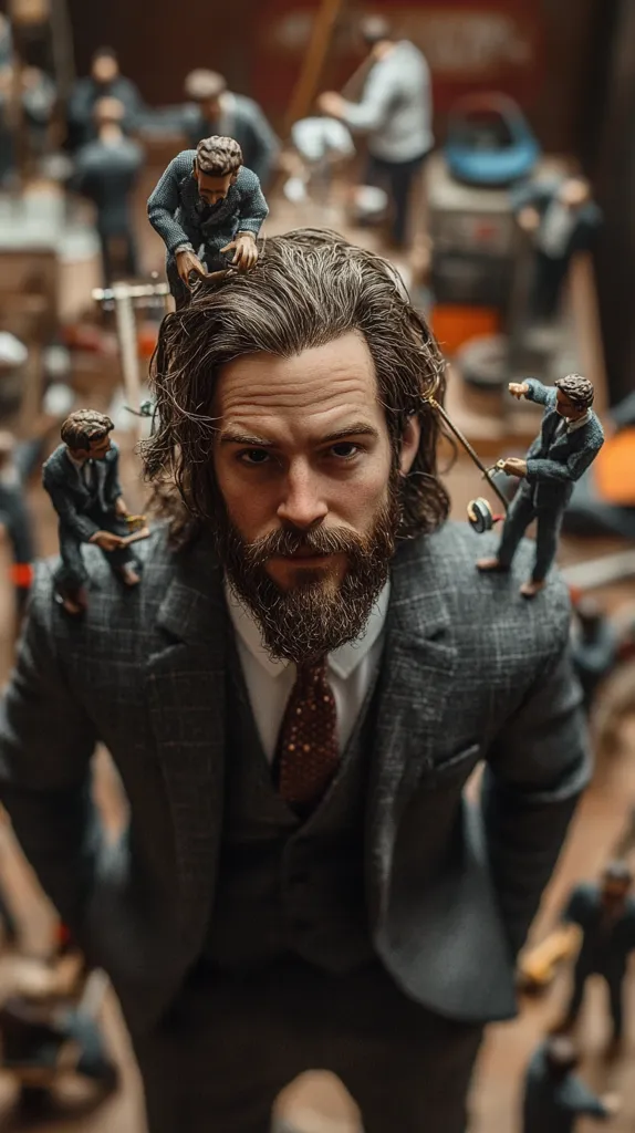 A man with long brown hair and a full beard is dressed in a dark grey suit and red tie.  Miniature figures of men in suits are perched on his head and shoulders, appearing to work on his hair and clothing.  The background is blurred but shows a workshop-like setting with other miniature figures and tools. The overall image creates a surreal and whimsical scene.