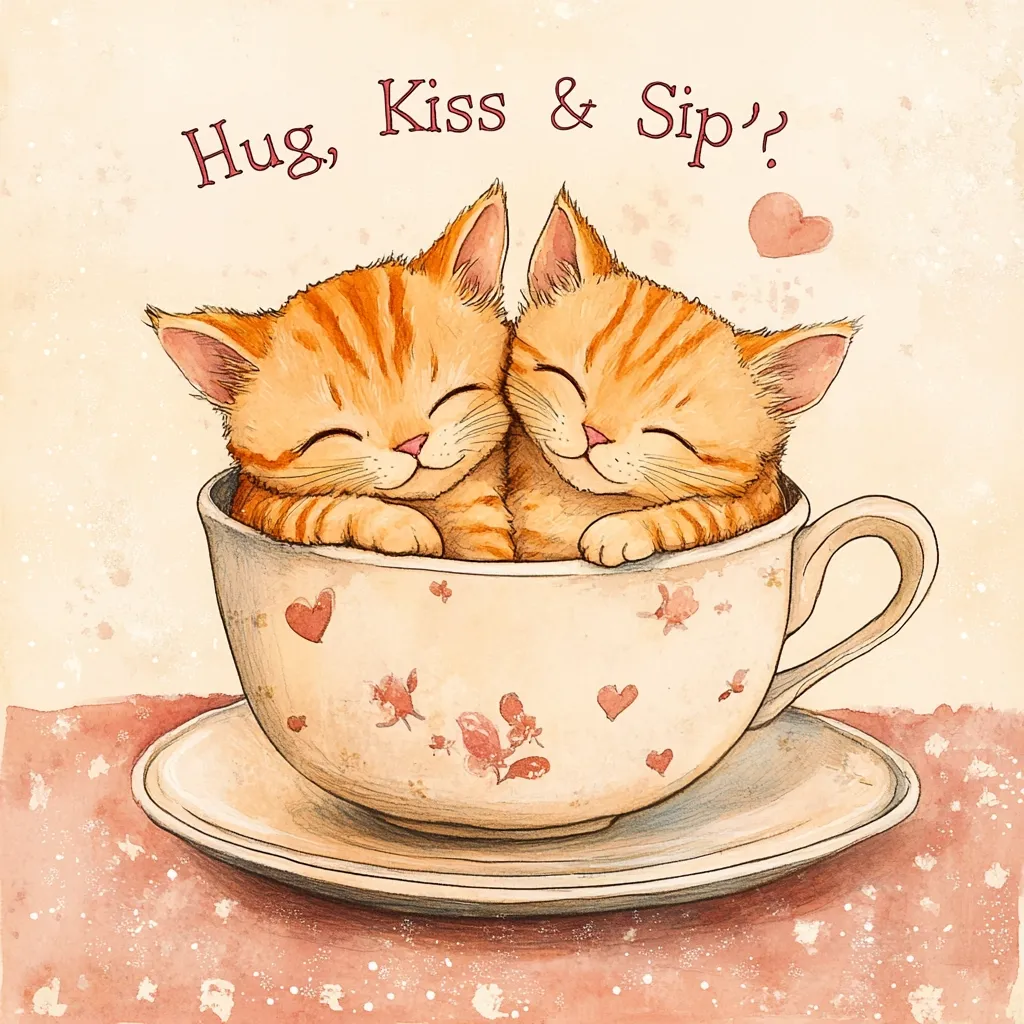 Two adorable ginger kittens snuggle together inside a heart-decorated teacup, resting on a saucer.  The heartwarming scene is captioned "Hug, Kiss & Sip?", creating a cozy and affectionate image.  The watercolor style adds to the soft and sweet aesthetic.  A small heart floats above the kittens, enhancing the romantic feel.