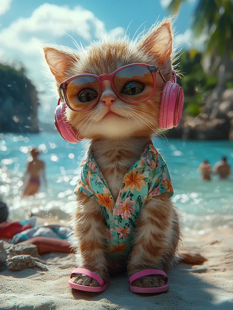 An adorable ginger kitten, dressed in a floral shirt and pink sandals, sits on a sandy beach.  It wears pink headphones and sunglasses, looking relaxed and enjoying the tropical scenery.  The ocean and blurry figures of beachgoers are in the background, creating a summery vibe.  The kitten's expression is calm and content.