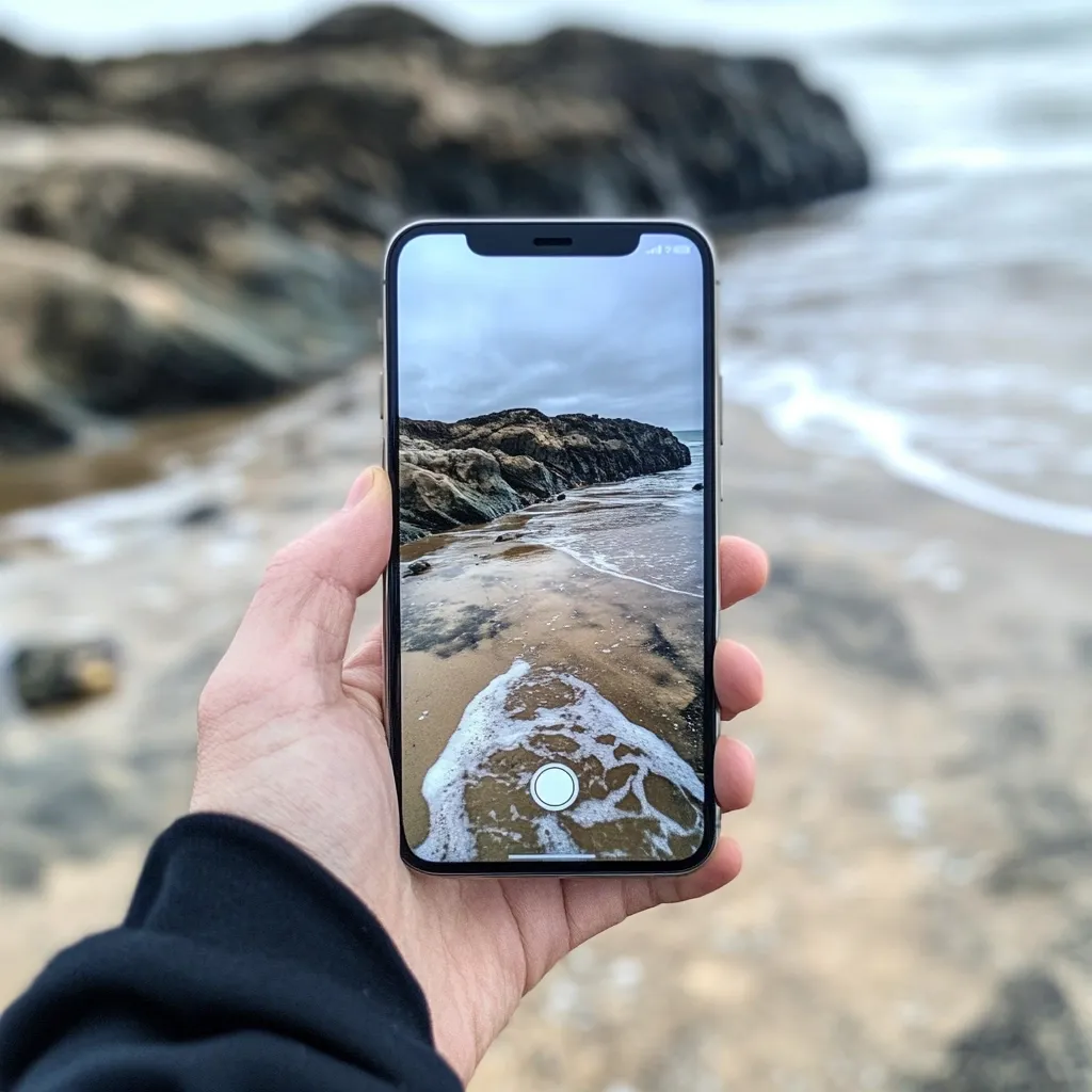 A hand holds a smartphone displaying a beach scene.  The phone's screen shows a sandy beach with gentle waves lapping the shore, backed by dark rocks and a cloudy sky.  The background is out of focus, emphasizing the beach scene on the phone's screen. The overall image suggests capturing a moment of coastal beauty.