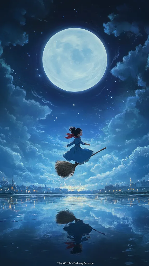 A young witch, in a blue dress and red scarf, flies on a broomstick under a large, luminous moon.  The night sky is filled with stars and clouds, reflecting serenely on the calm water below. A distant cityscape with lights twinkling is visible on the horizon. The scene is peaceful and magical, evoking a sense of wonder and tranquility.  The text "The Witch's Delivery Service" is subtly placed at the bottom.