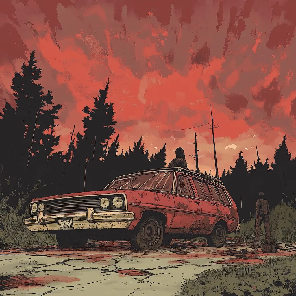 A rusty red station wagon sits on a cracked road, bathed in the ominous glow of a blood-red sunset.  Two figures, one perched on the car's roof and another standing nearby, watch the fiery sky.  Tall, dark pine trees form a backdrop to this desolate scene, hinting at a remote and possibly dangerous location. The overall atmosphere is one of suspense and isolation.
