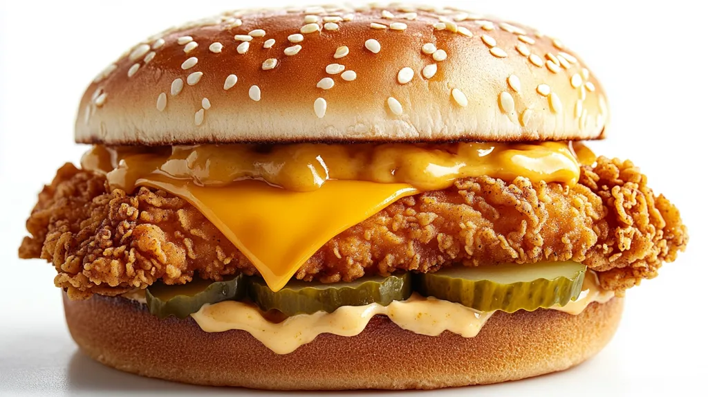 A mouthwatering crispy chicken sandwich is presented, featuring a sesame seed bun, a generous layer of melted cheese, and crisp dill pickle slices.  The chicken is golden brown and visibly crunchy.  A creamy sauce is drizzled around the pickles, adding to the burger's appealing texture and flavor. The entire sandwich is a picture of delicious fast food.