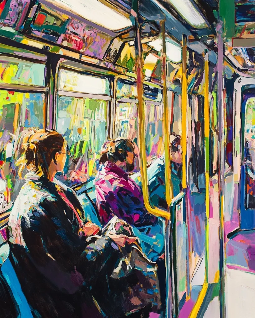 A vibrant, expressionistic painting depicts the interior of a public transit vehicle.  Passengers are shown in bold strokes of color, their forms suggested rather than precisely rendered.  The artist uses a palette of bright purples, blues, yellows, and greens, emphasizing light and movement within the confined space.  The overall effect is one of energy and the fleeting nature of urban transit.
