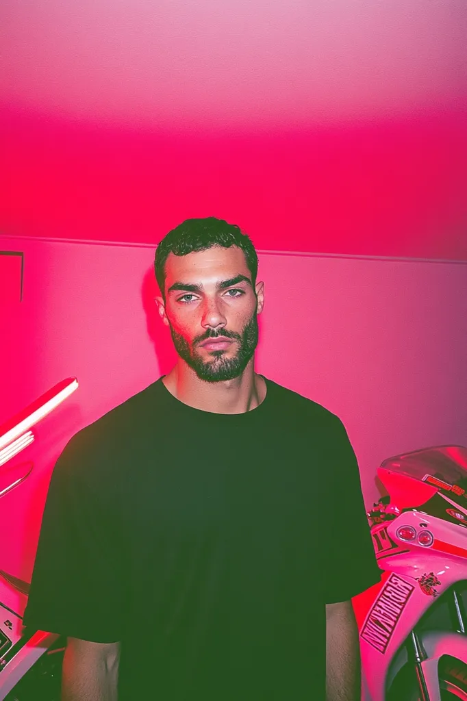 A young man with short, dark, curly hair and a well-groomed beard stands against a vibrant pink wall. He's wearing a simple black t-shirt.  Part of a pink and white motorcycle is visible behind him, adding to the bold, colorful aesthetic of the image.  His expression is serious, and his gaze is directed towards the camera. The overall mood is striking and stylish.