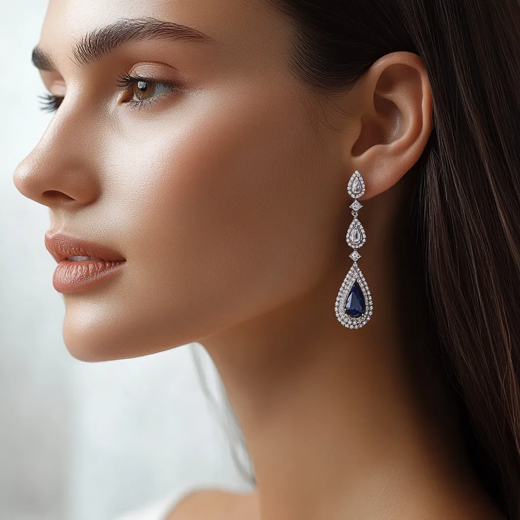 Close-up profile of a woman with flawless skin, showcasing a luxurious pair of teardrop earrings. The earrings feature a central, dark blue sapphire surrounded by smaller, sparkling diamonds, hanging elegantly from her earlobe. Her long, dark hair cascades softly behind her. The overall aesthetic is one of refined beauty and elegance.