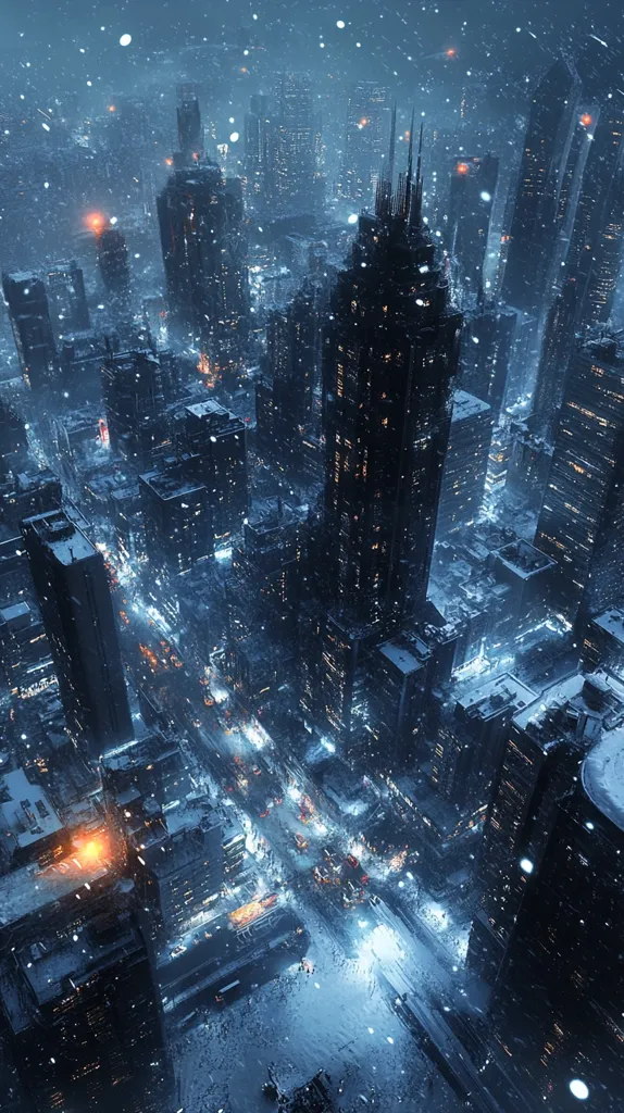 A futuristic cityscape is blanketed in snow under a night sky.  Tall, dark buildings rise from the snowy streets, their lights twinkling faintly.  Vehicles navigate the snow-covered roads below, creating streaks of light.  The scene is both cold and captivating, showcasing a blend of urban architecture and a winter wonderland.  Snowflakes gently fall, adding to the atmospheric depth.