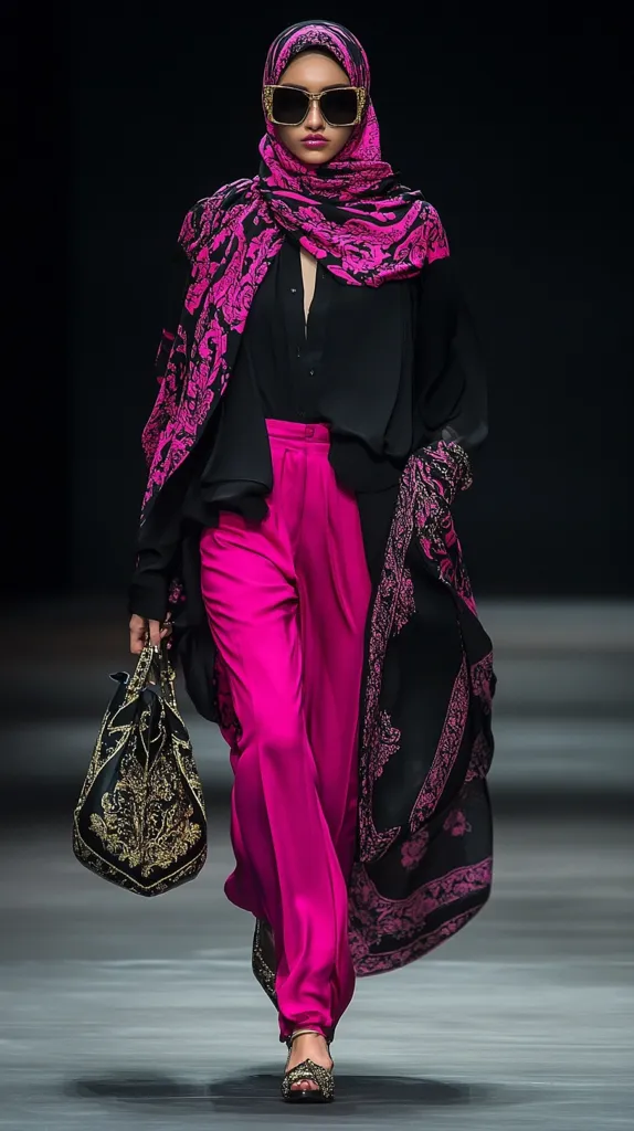 A fashion model walks the runway, showcasing a stylish ensemble. She wears a black, long-sleeved top layered over vibrant fuchsia pants.  A black and fuchsia patterned hijab drapes elegantly, adding a touch of flair.  Gold-framed sunglasses and an ornate gold and black handbag complete the look, creating a striking and modern silhouette.