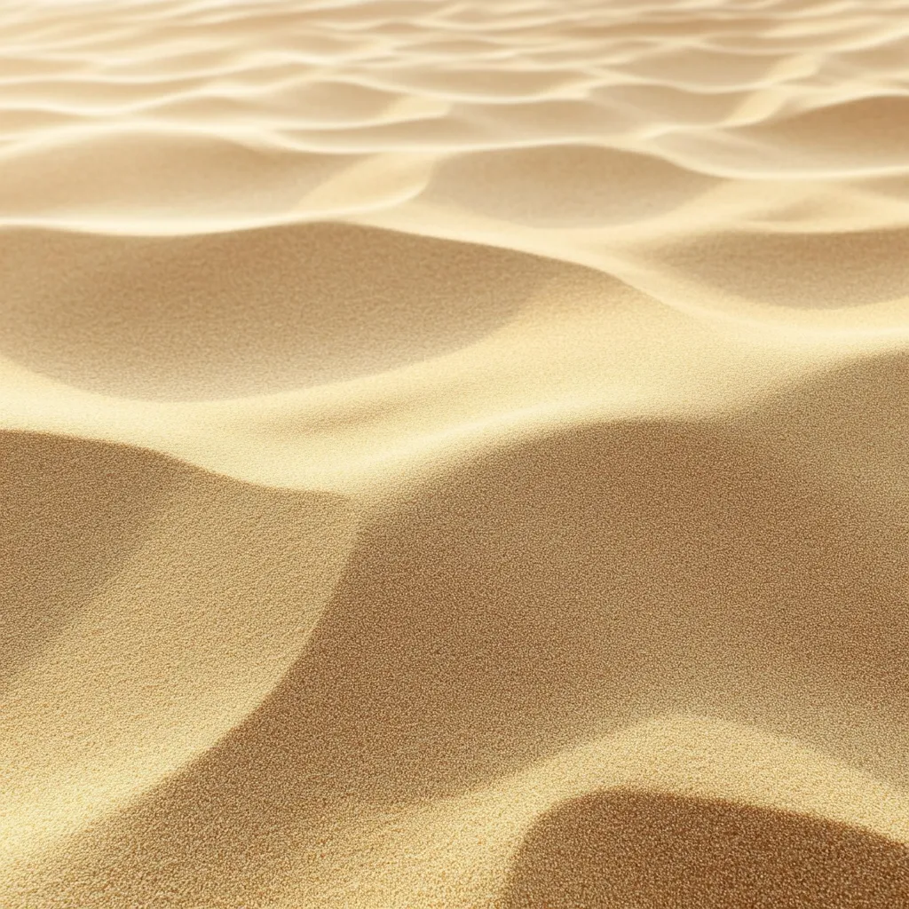The image showcases a sun-drenched expanse of fine, light beige sand.  Gentle, undulating waves of sand create a textured surface, subtly shifting in light and shadow. The overall impression is one of warmth, smoothness, and the tranquil beauty of a desert or beach landscape.  The focus is on the texture and color of the sand, creating a calming and serene aesthetic.