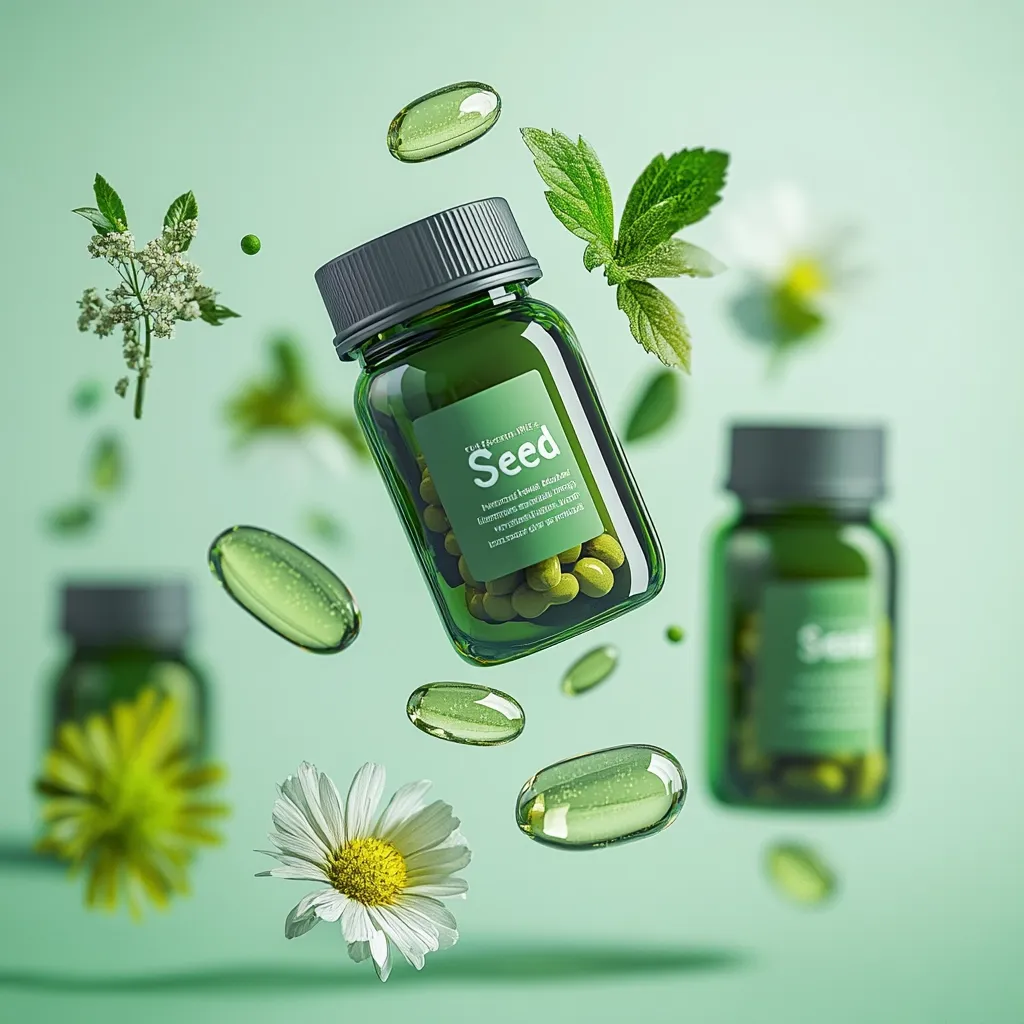 A green bottle filled with pills labeled "Seed" floats amidst translucent green capsules and delicate wildflowers against a soft green background.  Other similar bottles are blurred in the background, suggesting a natural health product. The overall aesthetic is clean, modern, and emphasizes natural ingredients. The scene is visually appealing and suggestive of health and wellness.