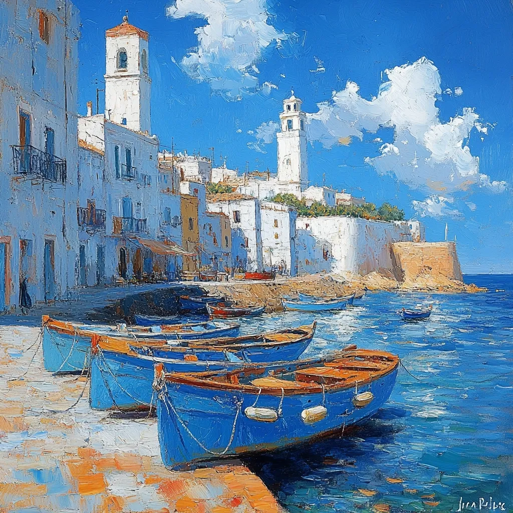 A vibrant painting depicts a sun-drenched coastal town.  Whitewashed buildings with towers line a calm harbor, where several bright blue fishing boats are moored.  The artist uses impasto techniques to create a textured, almost three-dimensional effect, showcasing the interplay of light and shadow on the buildings and water. The sky is a clear blue with fluffy white clouds, enhancing the sunny Mediterranean atmosphere.  The scene exudes a sense of peace and tranquility.