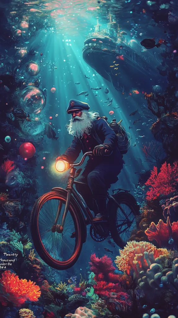 An elderly sailor with a long white beard rides a bicycle underwater, surrounded by vibrant coral reefs and various marine life.  A large, submerged vessel looms in the background, sunlight filtering down from above. The scene is fantastical and dreamlike, blending elements of reality and imagination in a surreal underwater landscape.  Bubbles float around him, adding to the magical atmosphere.