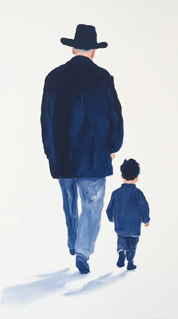 A painting depicts a man and a child walking away from the viewer. The man, wearing a dark blue coat and hat, holds the child's hand.  Both figures are rendered in shades of blue, creating a monochromatic effect. The style is loose and painterly, with visible brushstrokes. The overall impression is one of quiet companionship and gentle movement.